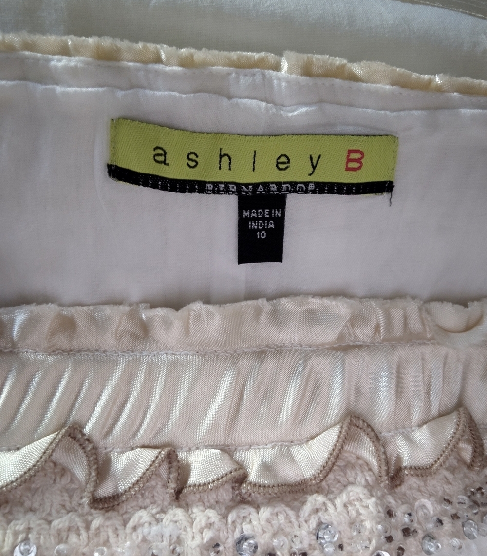 Ashley B White Pleated Full Midi Skirt with Gold Satin Trim and Sequin Detail - Picture 6 of 7